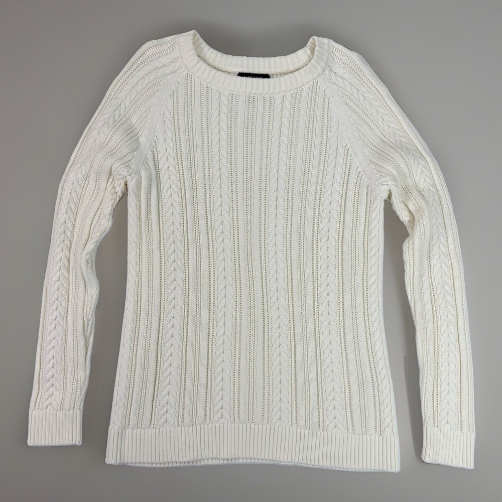 Lands' End Womens M 10 12 Ivory Cable Knit Cotton Sweater Crewneck Fishermen EUC